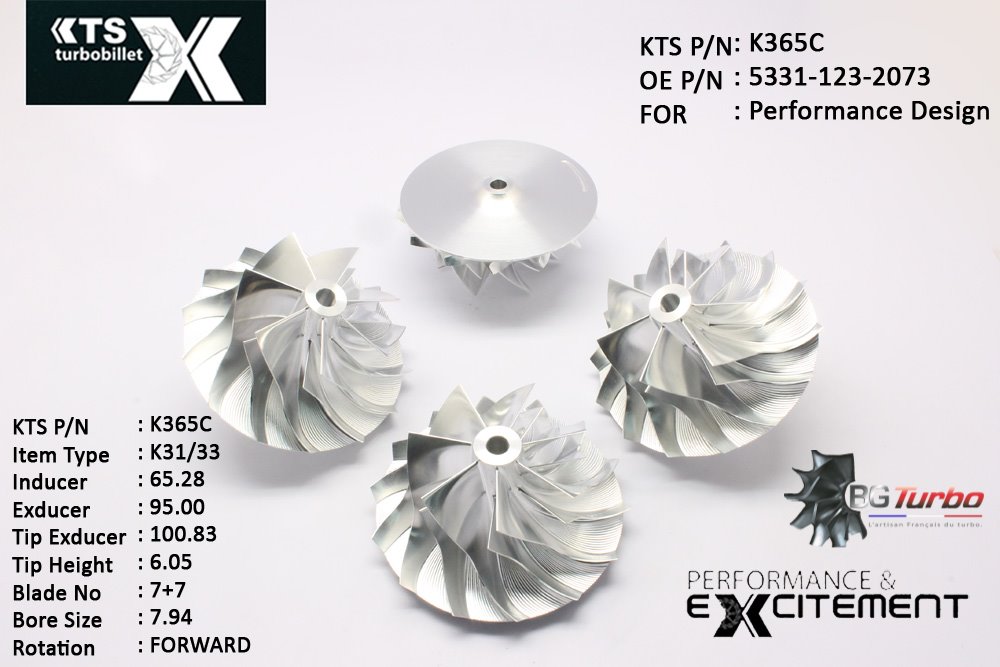 Turbo ROUE FORGÉE MFS PERFORMANCE - 7+7 PALES - INDUCER : 65,28 - EXDUCER : 95 - TYPE : K31/33ANGLE : 60° - ROTATION : Forward - SUPER BACK : 6 - BORE SIZE : 7,94
